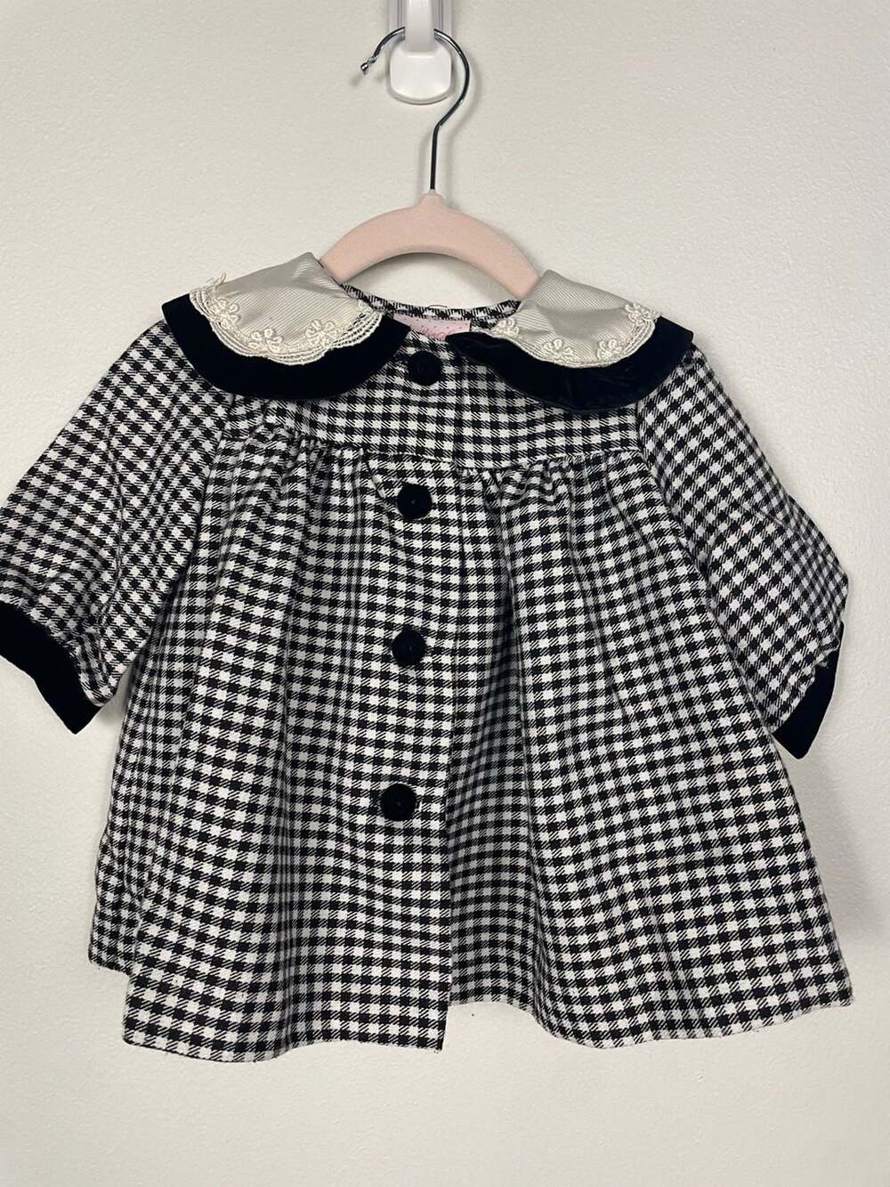Caitlyn Scott Vintage Baby Black and White Gingham Smock Dress Velvet Collar